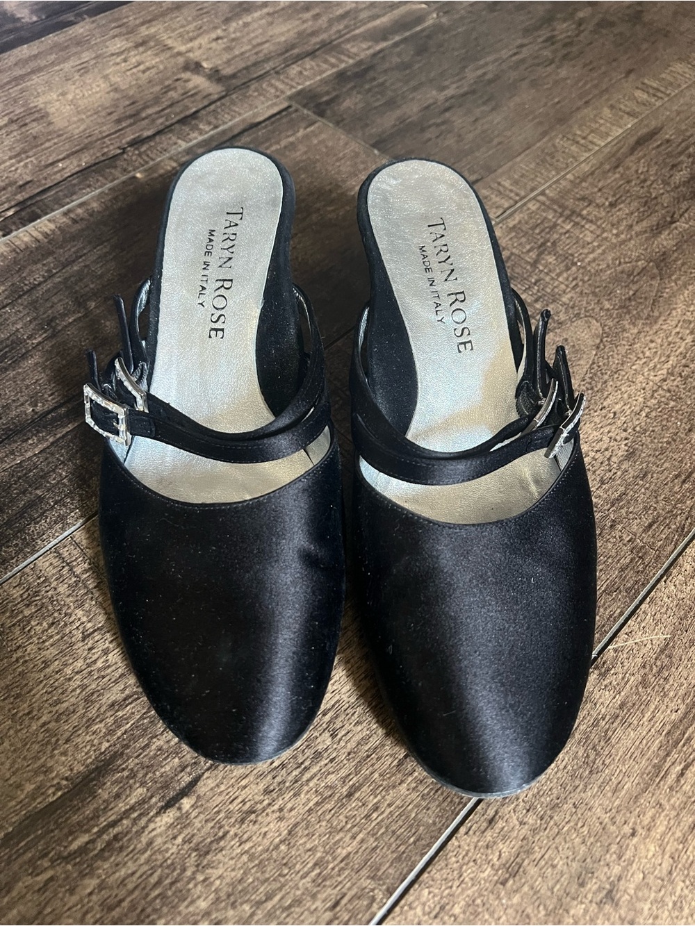 Taryn Rose Black Satin Double-Strap Mule